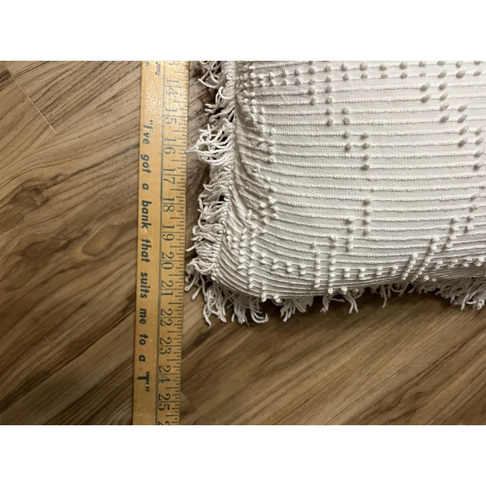 DKNY Throw Pillow White Cotton Textured Lumbar Decorative Fringe Trim 12x22